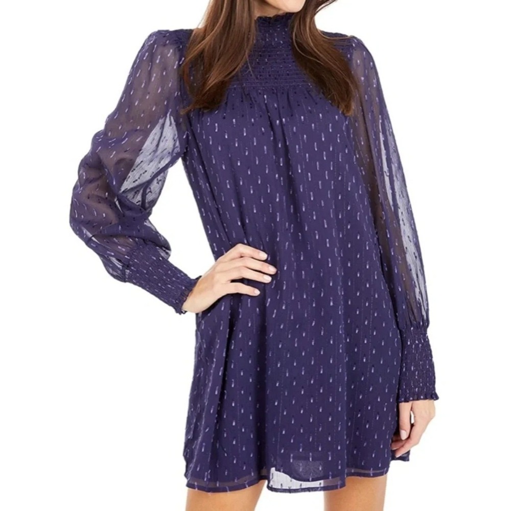 Sanctuary Sparks Fly Chiffon Deep Purple Metallic Smocked Mock Neck Mini Dress 8